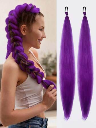 Purple 28inch Braided Hair With Elastic Elastic Band Wig Women's Hair Extensions Pink Purple Gradient Braided Ponytail Synthetic Material