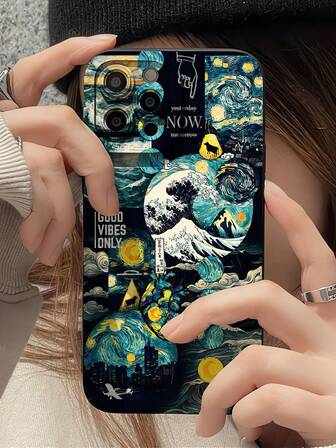 1 pieza Funda de teléfono negra de diseño gráfico de parche de cielo estrellado, ola y luna, compatible con iPhone 16/16Pro/16Plus/15/15ProMax/15Pro/11/12/13/14ProMax/12Mini/13Mini/11Pro/11ProMax/12Pro/12ProMax/13Pro/13ProMax/14Pro/14ProMax, de carcasa blanda, de alta gama y creativa