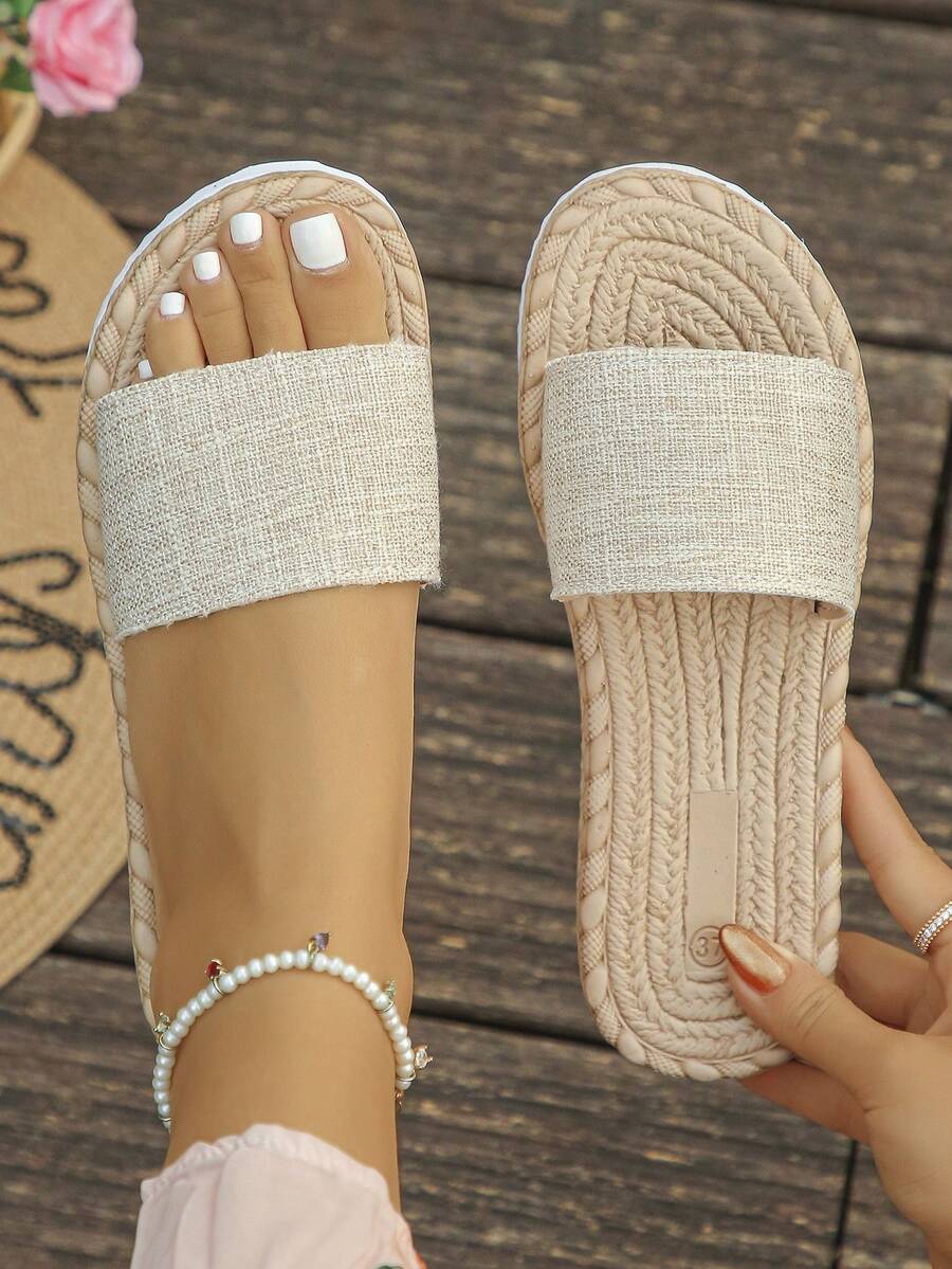 Sandalias planas de mujer con suela de cuerda tipo lino, de un solo tirante y punta abierta, color beige, para uso casual en la playa y vacaciones