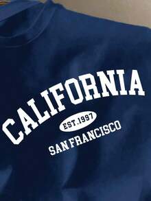 Men's Navy Blue Casual Letter Graphic Round Neck Short Sleeve T-Shirt, Summer - Xanh hải quân 2 - Xem 2