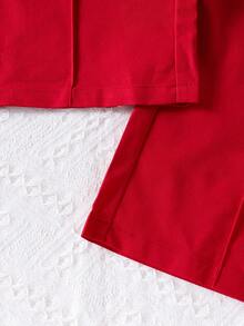 2pcs/Set Girls Elegant Puff Sleeve Round Neck Top And Casual Straight Leg Pants Outfit, Spring/Summer - Red - View 9