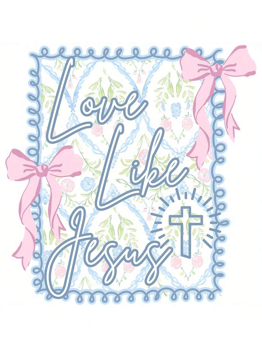 DTF Heat Transfer Iron On Sticker - Love Like Jesus  Faith Vinyl Patch With Pink Bows, Floral Cross & Verse Design For T-Shirts, Hoodies, Bags, Fabric Crafts - Easy Application Religious Decoration For _WH_1200x1600px - 透明 - 查看 1
