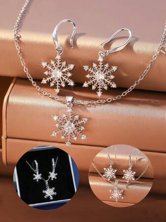 3 件套铜方晶锆石雪花项链和耳环首饰套装，休闲欧美风格圣诞礼物