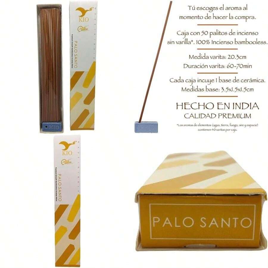 KiO Incienso Sin Varilla Fragancias Herbales Aromas Resinas Copal Sandalo Lavanda Mirra Jazmin Palo Santo Bambooless Perfecto Relajación Meditación Yoga Pilates Hecho en India +Base ()(Palo Santo) - Multicolor - Ver 1