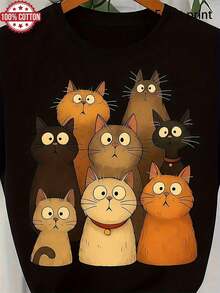 1PC 100% Cotton Funny Cats Family Graphic Print Women's Short Sleeve TShirt, Cute Cartoon Kitten Crew Neck Tee Top Gift For Cat Lovers - Negro - Ver 1