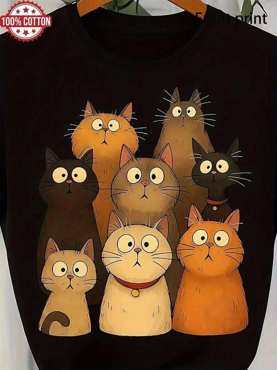 1PC 100% Cotton Funny Cats Family Graphic Print Women's Short Sleeve TShirt, Cute Cartoon Kitten Crew Neck Tee Top Gift For Cat Lovers - Negro - Ver 1