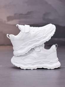 3-14 Years Old Teenagers' Sports Shoes, Mesh & PU Leather Upper, Breathable, Suitable For Spring, Summer, Autumn & Winter, Back To School, New Design, Lightweight, Non-Slip Rubber Sole, Hook And Loop Closure For Easy On/Off, Suitable For Running, School, Outdoor, Training, 4 Colors Available - White - View 12