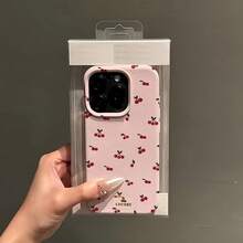 1pc Pink Matte Cherry Style Leather Texture Soft Shockproof Cherry Print Case Compatible With Iphone 14 Pro Max, 13, 12 Pro, 11, XS Max, XR, Couple Phone Case Spring Gift Birthday - Multicolor - View 3