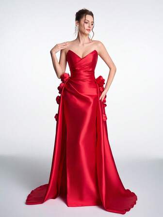 Anymoon 奢华无肩带收腰3D立体花卉美人鱼晚礼服，正式礼服，及地长裙，适合感恩节晚宴、圣诞派对、鸡尾酒会、毕业舞会、品牌发布会及其他正式场合。