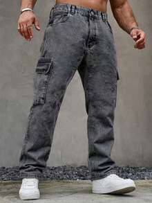 Men's Fashionable Casual Cargo Pocket Denim Jeans - Grey - View 3