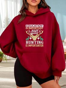 Fashionable Outdoor Hooded Sweater For Women. Black Hoodie With Deer Print And The Text "Education Is Important But Hunting Is More Important." Perfect For Outdoor Activities, Dates, Or Holiday Gifts. - 酒紅色 - 查看 1