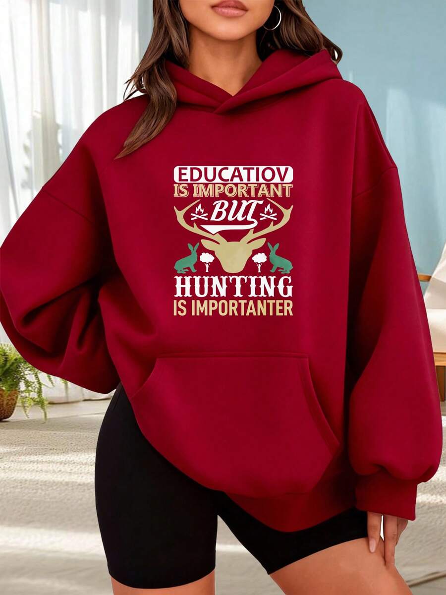 Fashionable Outdoor Hooded Sweater For Women. Black Hoodie With Deer Print And The Text "Education Is Important But Hunting Is More Important." Perfect For Outdoor Activities, Dates, Or Holiday Gifts. - 酒紅色 - 查看 1