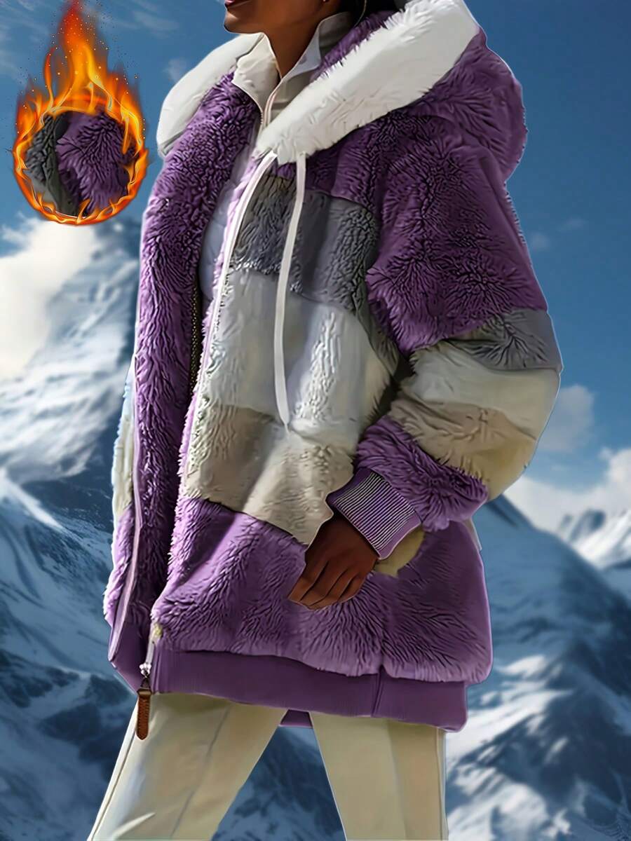 Women's Winter Ultra-Warm Fuzzy Hooded Coat Color Block Oversized Soft Fleece Jacket With Drawstring | Cozy Cold-Weather Outerwear (Black/Pink/Navy/Purple/Burgundy) - 紫色 - 查看 1