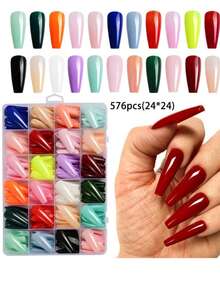 576 piezas Uñas postizas de ataúd de larga duración, uñas falsas de unicolor, uñas acrílicas brillantes de cobertura completa para pegar, 576 piezas, 24 colores, uñas artificiales reutilizables para manicura de mujeres