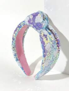 1pc Girls Colorful Sequin Mesh Knotted Headband, Retro European Style Fashion Hair Hoop, Versatile For Valentine's Day, Back To School, Gift - Multicolor - View 4