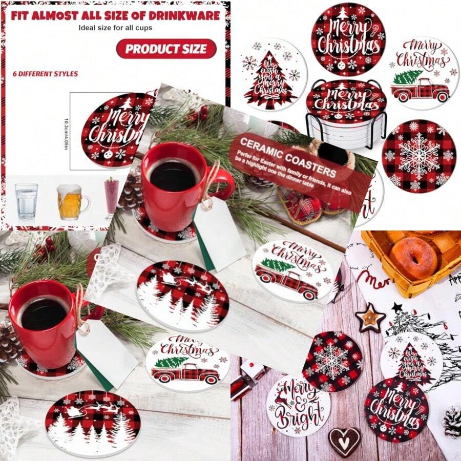 6Pcs Christmas Coasters With Metal Holder Xmas Tree Snowflake Truck Drink Coasters Red Black Plaid Winter Holiday Ceramic Cup Mat For Home Kitchen Table Decor 4.1 X 0.3 Inch - 彩色 - View 1
