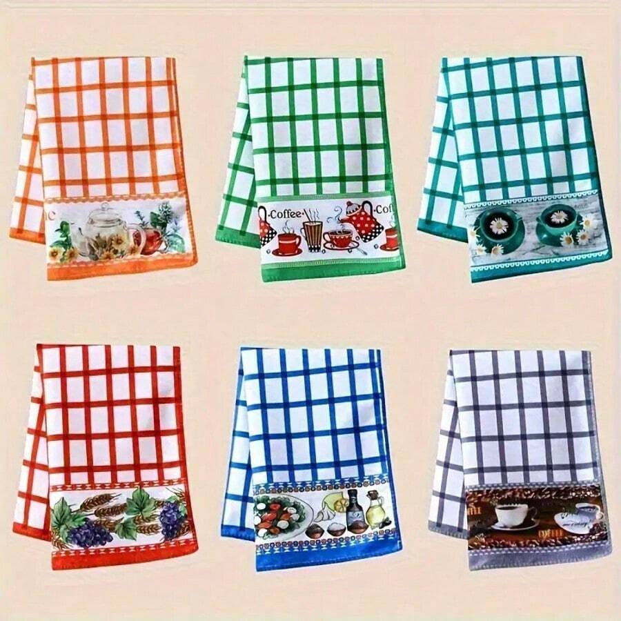 6-Piece Ins-Style High-Visibility Kitchen Towel Set | Fun Abstract Print, Soft And Highly Absorbent Dishcloth, Kitchen Cloth, Home Cleaning And Decoration - 6件小格 - 查看 1