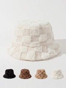 1pc Men's Checkboard Color Block Fuzzy Bucket Hat, Suitable Autumn And Winter Daily Wear Warmth Cute - White - View 4