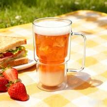 1/2/4pcs - Double Wall Glass Cups, Beer Mugs, Coffee Cups With Handles, Creative Double Layer Wine Glasses, Modern Beer Glasses, Thermal Insulated Hot Drink Glasses, Large Capacity 400ml Transparent Glass Cups, Suitable For Home, Office, Cafe, Bar, Heat-Resistant High Borosilicate Glass