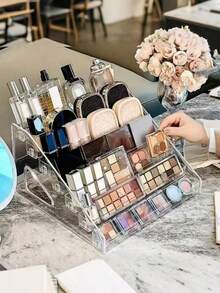 Suporte de Exposição Transparente de Acrílico para Esmalte de Unha; Suporte de Exposição em Degraus de Sombra para Olhos com Almofada de Ar para Cosméticos.