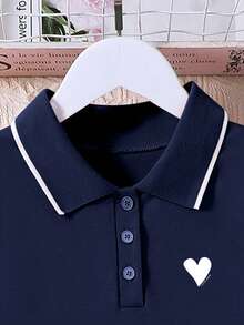 Girls Heart Print Half Open Chest Dress, Spring/Autumn - Xanh đậm - Xem 4