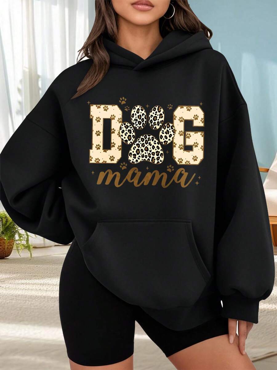 Fashionable Outdoor Hooded Sweater For Women. Black Hoodie With Dog Paw Print And "Dog Mama" Text For Dog Lovers. Casual Style. Perfect For Dates, Outings, And Holiday Gifts. - 黑色 - 查看 1