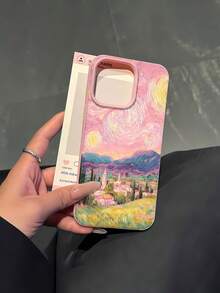 Funda de TPU con diseño de paisaje de pueblo al atardecer y arte abstracto para  17,  16 Pro Max,  15 Pro Max,  13 y  12, con protección anticaídas. Un regalo perfecto para familiares, amigos, parejas e ideal para celebraciones navideñas. - Rosa - Ver 1