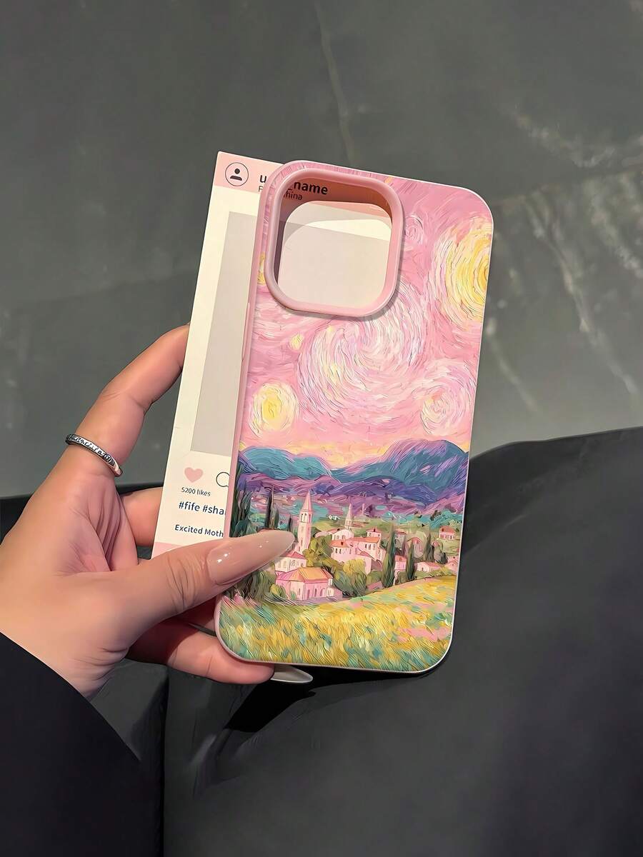 Funda de TPU con diseño de paisaje de pueblo al atardecer y arte abstracto para  17,  16 Pro Max,  15 Pro Max,  13 y  12, con protección anticaídas. Un regalo perfecto para familiares, amigos, parejas e ideal para celebraciones navideñas. - Rosa - Ver 1