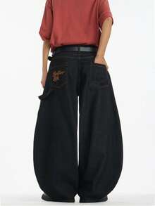 1 pieza Pantalones vaqueros de hombre con patchwork vintage y bordado de la marca Justice, con botones de resina y pierna ancha, ajuste holgado (cinturón y accesorios no incluidos)