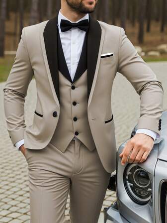 3件套男士春季优质商务西装男修身纯色新郎礼服男士休闲高品质办公室正装西装外套夹克马甲裤