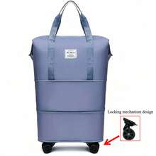 1个大容量可折叠旅行收纳袋，耐用尼龙材质，黑色，多功能便携，带轮子，适合户外旅行，符合飞机头顶行李舱的要求。