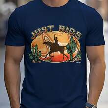 2026 New  Men's T-Shirt Short Sleeve T-Shirt With Cowboy Horse Print And Just Ride Text For Daily Wear And Casual Occasions Summer Autumn Comfortable And Versatile Everyday Outfits - 藏蓝色 - 查看 1