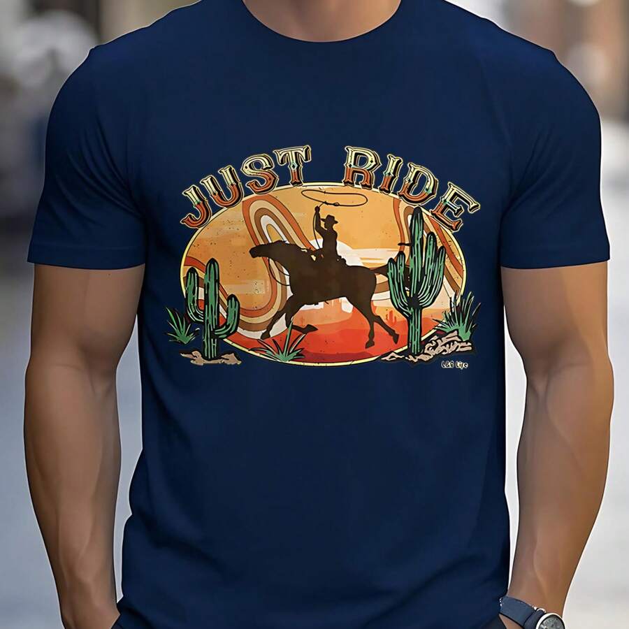 2026 New Men's T-Shirt Short Sleeve T-Shirt With Cowboy Horse Print And Just Ride Text For Daily Wear And Casual Occasions Summer Autumn Comfortable And Versatile Everyday Outfits - 藏蓝色 - 查看 1