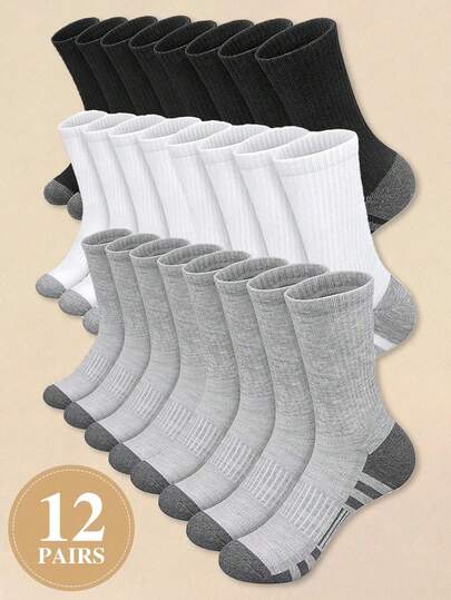 12 Pairs Striped Print Mid-Calf Socks, Unisex Casual Comfortable Daily Wear Socks, Minimalist Men Socks Suitable For All Seasons, Sports Style Simple Mid-Calf Socks, Available In 1 Pair/3 Pairs/5 Pairs/6 Pairs