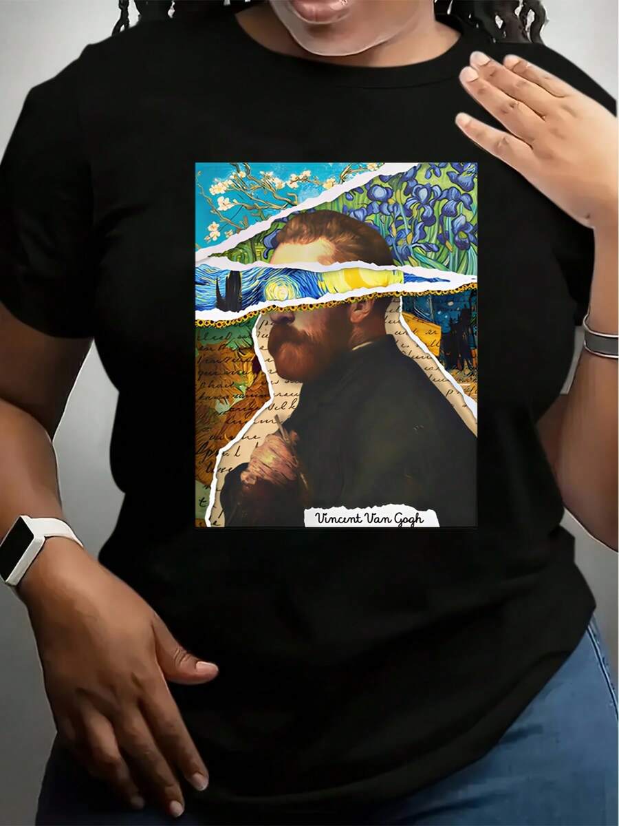 Women T Shirt White Vincent Van Gogh Art Portrait And Famous Paintings Print Casual Wear For Daily Outfits And Art Lovers - 黑色 - 查看 1
