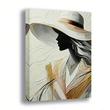 Impresión de arte abstracto de una sola pieza plana 2D, elegante dama con sombrero - Retro moderno, dorado, marrón, verde, rosa, naranja, rojo, morado - Decoración de pared en lienzo con marco de madera - Multicolor - Ver 5