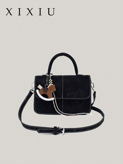 Autumn And Winter Retro Style Black Suede Square Bag: With Rocking Horse Ornament, Large-Capacity Multi-Compartment Crossbody Bag, Unlock Casual Fashion Outdoor Vibe