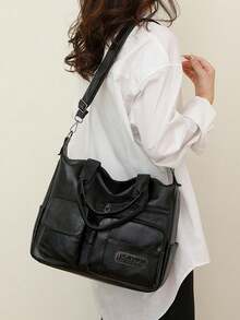 时尚纯色软皮女士单肩包，休闲简约大容量校园手提包日常通勤包，复古斜挎包大号流浪汉包工作包，女士邮差包多口袋挎包，适合节日礼物，适合购物、钱包、购物、年轻女性、大学生、新婚夫妇、白领。适用于办公室、大学、工作、商务、通勤、户外活动、旅行和郊游 - 黑色 - 查看 6