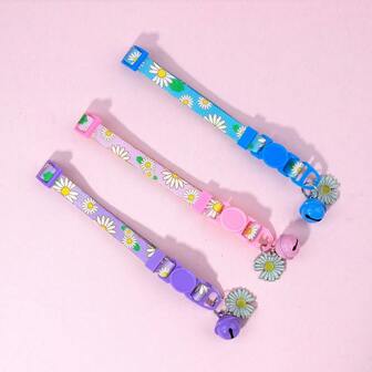3pcs Pet Collar, Polyester Floral Print Adjustable Cat Collar With ABS Non-Choke Safety Buckle, Bell & Pendant Decoration