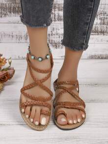 女士手工编织平底交叉绑带凉鞋，厚实柔软的鞋底，纯色波西米亚休闲时尚度假风PU皮革交叉绑带平底凉鞋，夏季沙滩 - 棕色 - 查看 5