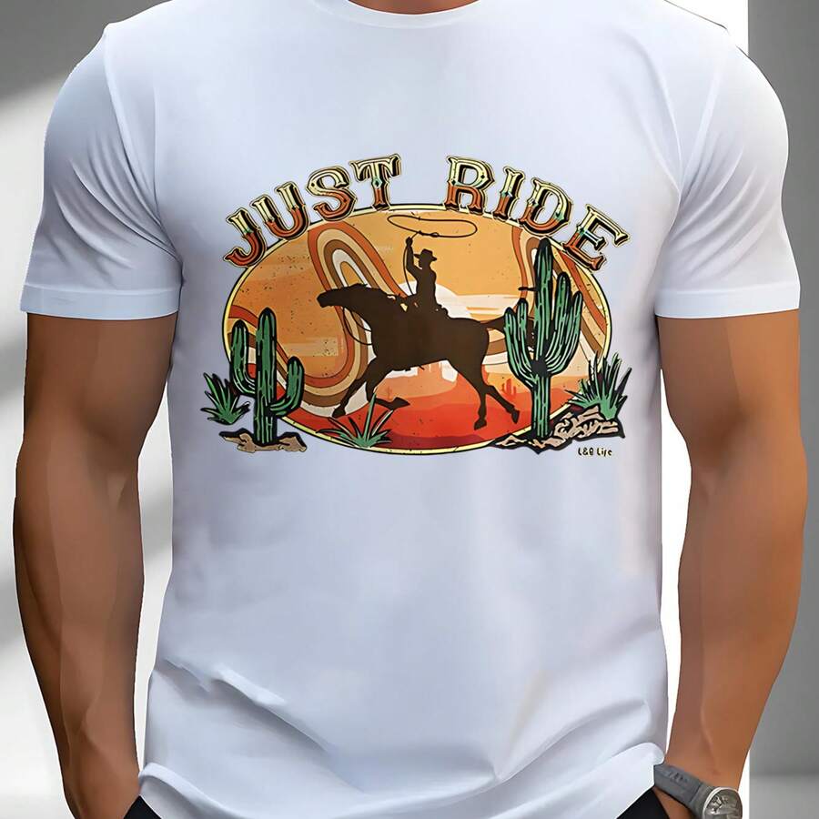 2026 New Men's T-Shirt Short Sleeve T-Shirt With Cowboy Horse Print And Just Ride Text For Daily Wear And Casual Occasions Summer Autumn Comfortable And Versatile Everyday Outfits - 白色 - 查看 1