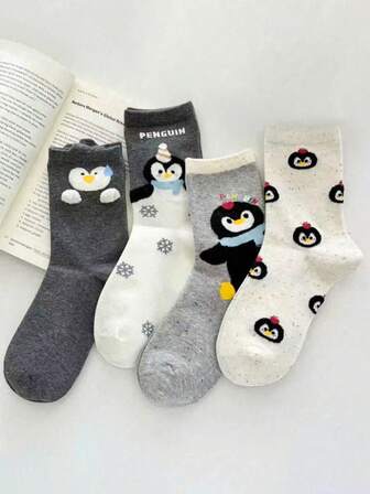 4 Pairs Women's Cartoon Penguin & Letter Pattern Cute & Sweet Japanese Style Breathable Mid-Calf Socks Christmas Gift