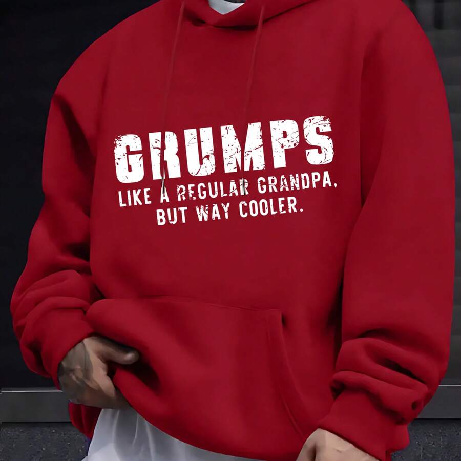 Fashionable Men's Hoodie With A Grumps Print, Like A Normal Grandpa But Much Cooler, Ideal For Everyday Wear, Social Occasions, And Cold Weather. - 紅色 - 查看 1