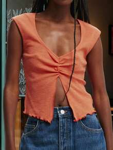 Women Tank Tops V Neck Sleeveless Ruched Slim Fit High Slit Hem Summer Cropped Vest Shirts - Merah jingga - View 2