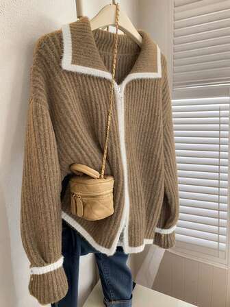 JIANHU 复古撞色滚边拉链针织外套，学院风秋冬开衫，圣诞新年休闲装