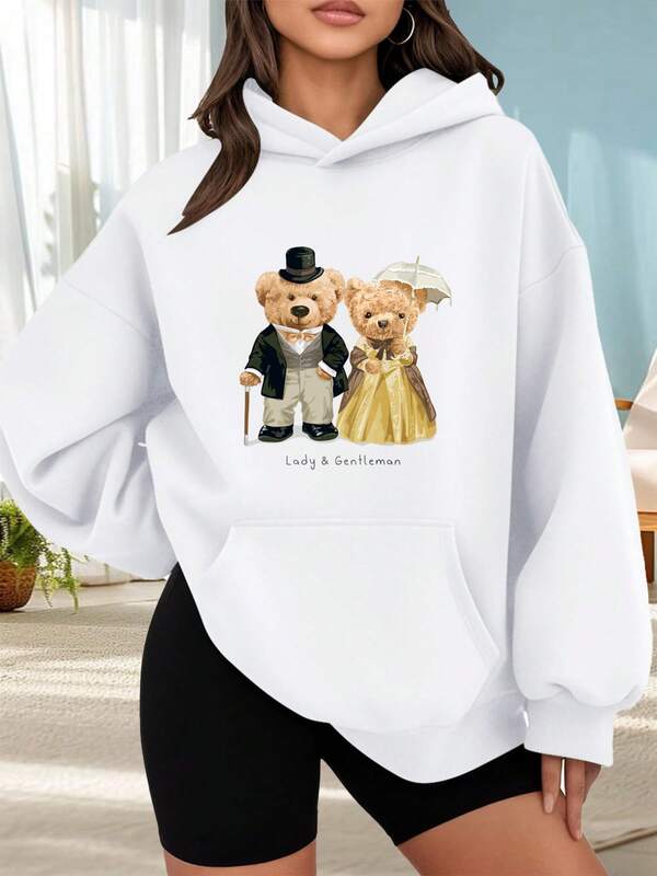 Suéter de moda con capucha al aire libre para mujeres Sudadera con capucha negra con estampado de osos vestidos de novios y texto Lady and Gentleman para ocasiones casuales y románticas Combinar  de citas fuera de casa, regalos de vacaciones La mejor opción para salir a una cita