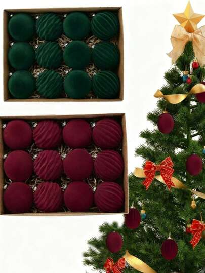 12pcs Flocked Christmas Ornament Balls, Flocked Christmas Tree Balls Decor, Shatterproof Christmas Light Bulb Decor Set, Plastic Flocked Decorative Balls, Suitable For Holiday, Wedding, Party, Home Decor