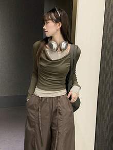 Green Draped Neck 2 In 1 Long Sleeve T-Shirt, Cinched Waist, Women's Autumn Top, Layering Undershirt - Grey - View 4