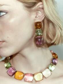 1 Set New European & American Exaggerated Bohemian Asymmetrical Resin Necklace & Earrings Jewelry Set, Suitable For Daily Wear, Gifts, Vacation - Colorful - View 1