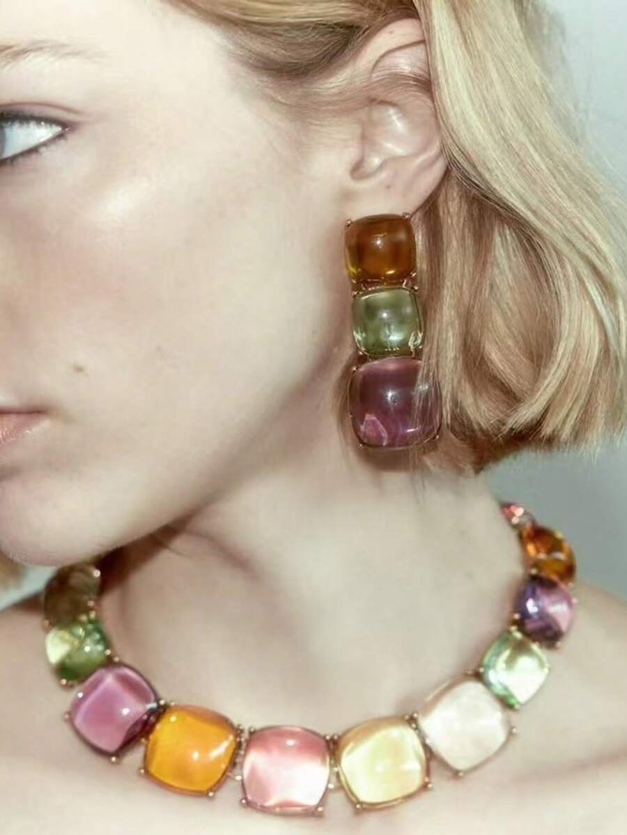 1 Set New European & American Exaggerated Bohemian Asymmetrical Resin Necklace & Earrings Jewelry Set, Suitable For Daily Wear, Gifts, Vacation - Colorful - View 1